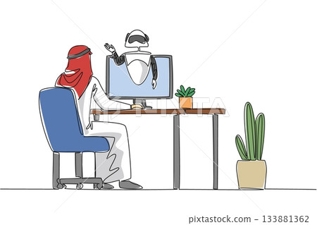 Continuous line drawing vector of an Arabian man collaborating with a robot assistant on a monitor for a technology concept. This digital partnership theme is for International Virtual Assistants Day Continuous line drawing vector of an Arabian man collaborating with a robot assistant on a monitor for a technology concept. This digital partnership theme is for International Virtual Assistants Day 133881362