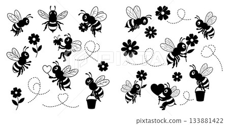 Bee silhouettes with flowers, bucket, and heart shapes following dotted lines pattern Bee silhouettes with flowers, bucket, and heart shapes following dotted lines pattern 133881422