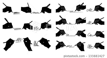 Black hand silhouette with pen set illustration of signing gestures 133881427