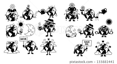 Earth globe characters in retro style with flower, watering can, hearts, cloud, sun icons 133881441