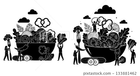 People Preparing a Large Salad with Fresh Vegetables in a Bowl Illustration 133881462