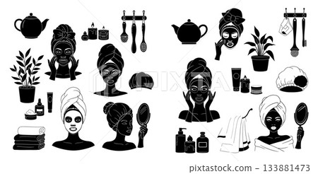 Set of silhouette illustrations of skincare, spa, and beauty treatments for relaxation and wellness 133881473