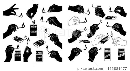 Silhouette hands holding lit matches and matchboxes illustration set Silhouette hands holding lit matches and matchboxes illustration set 133881477