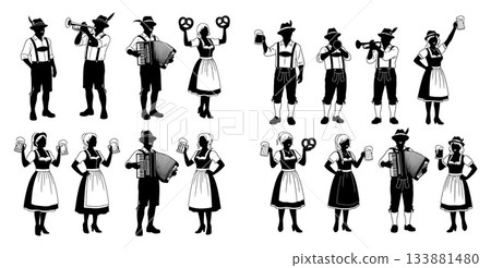 silhouettes of Oktoberfest people with beer, pretzel, accordion and trumpet 133881480