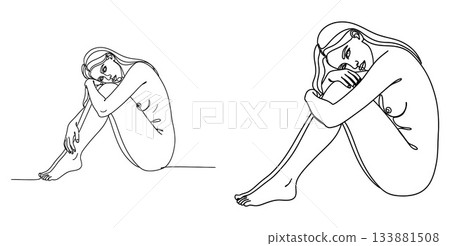 Minimalistic Line Art of Nude Woman Sitting, Embracing Knees, Illustrating Body Positivity and Solitude 133881508