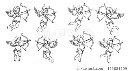 Multiple Black Outline Cupid Angels with Bows and Arrows Ready to Shoot Illustration 133881509