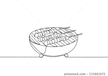 Continuous line drawing vector of a kettle grill cooking skewers and kebabs for a culinary food concept. This outdoor cooking theme is for National BBQ Day celebration. 133881672