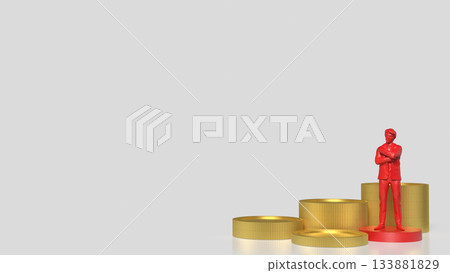 Red Business Figure Standing Among Stacked Gold Coins 3d render. 133881829