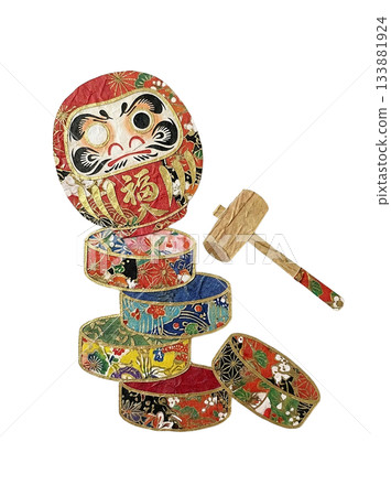 A colorful cut-out illustration of Daruma Otoshi made from Japanese paper A colorful cut-out illustration of Daruma Otoshi made from Japanese paper 133881924