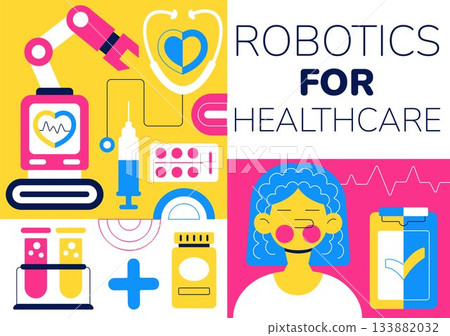 Robotic For Healthcare Illustration Featuring Robots Used In Medicine With AI Integration, Modern Hospital Innovation, and Advanced Health Technology 133882032