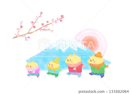 New Year watercolor illustration of a cute cat family enjoying the first sunrise of the year on Mount Fuji New Year watercolor illustration of a cute cat family enjoying the first sunrise of the year on Mount Fuji 133882064