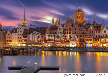 Old waterfront buildings in Gdansk Poland at night 133882204