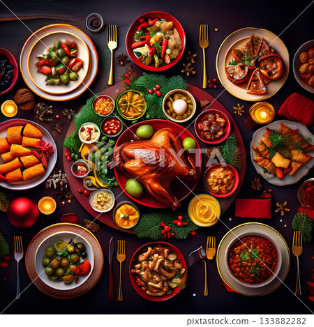 聖誕派對上擺滿食物的桌子 聖誕派對上擺滿食物的桌子 133882282