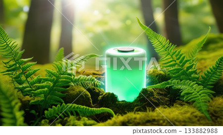 Glowing green energy battery nature setting, surrounded by lush 133882988