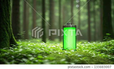 Green energy battery lush forest setting, symbolizing eco friendly Green energy battery lush forest setting, symbolizing eco friendly 133883007