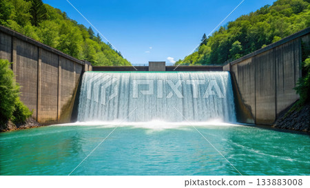 Large dam with water flowing over it, surrounded by green hills 133883008