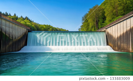 Hydroelectric dam with crystal clear water flow, surrounded by Hydroelectric dam with crystal clear water flow, surrounded by 133883009