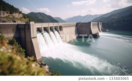 Large hydroelectric dam with water flowing through its spillways 133883065