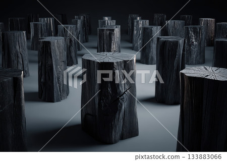 Wooden stumps arranged in a dark space create a unique scene Wooden stumps arranged in a dark space create a unique scene 133883066