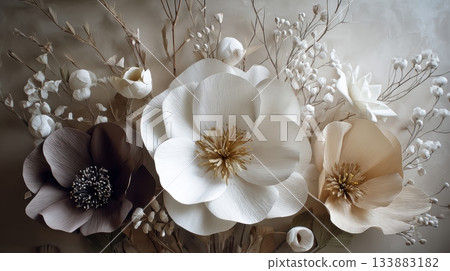 Beautiful handmade paper flowers in soft colors Beautiful handmade paper flowers in soft colors 133883182