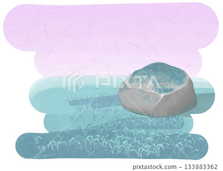 Hand-drawn rock and grassland illustration in Japanese paper style | Quiet background material 133883362