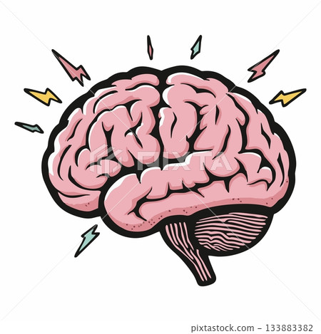 A colorful cartoon-style illustration of a human brain with lightning bolts symbolizing energy, creativity, and powerful thinking. A colorful cartoon-style illustration of a human brain with lightning bolts symbolizing energy, creativity, and powerful thinking. 133883382