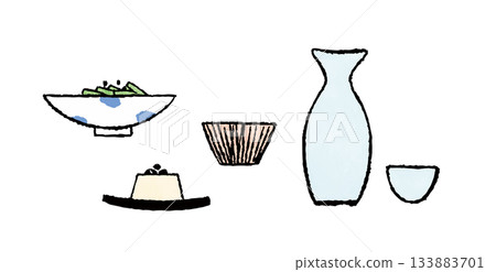 手繪風格的簡約單色插圖，描繪了酒水和小吃。 133883701