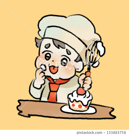 一幅嬰兒身穿糕點師制服的插圖。此素材可用於食品教育及其他教育用途。 133883758