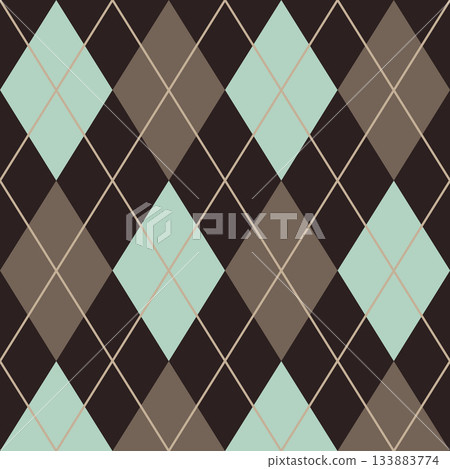 Argyle check pattern, alternating moss green and brown, dark brown background 133883774