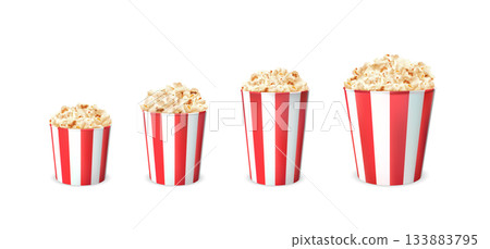 A set of paper cups filled with popcorn, various sizes, with red stripes. 133883795