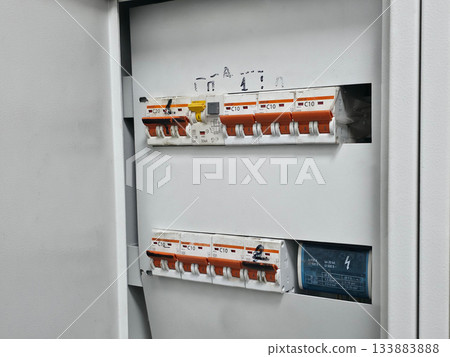 Industrial Electrical Circuit Breaker Box with Open Panel Industrial Electrical Circuit Breaker Box with Open Panel 133883888