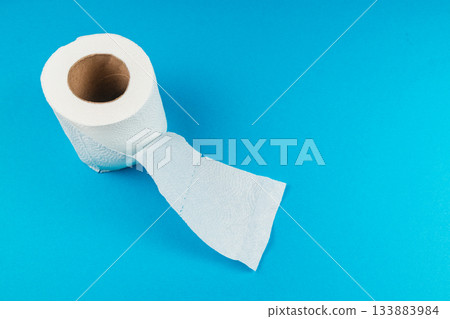 Roll of soft bathroom tissue on bright blue background Roll of soft bathroom tissue on bright blue background 133883984
