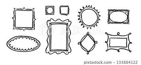 Doodled picture frame gallery set. Hand drawn photo and image border collection. 9 scribbled art frame layout arrangement. Sketched mood board collage template. Memory wall composition idea. Vector Doodled picture frame gallery set. Hand drawn photo and image border collection. 9 scribbled art frame layout arrangement. Sketched mood board collage template. Memory wall composition idea. Vector 133884122