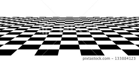 Checkerboard floor in perspective. White and black checkered tile pattern background. Retro horizontal chess board grid plane surface. Vector vintage empty room stage checker floor Checkerboard floor in perspective. White and black checkered tile pattern background. Retro horizontal chess board grid plane surface. Vector vintage empty room stage checker floor 133884123