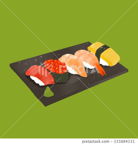 Illustration of assorted nigiri sushi. Can be used as Japanese cuisine or menu material. 133884131