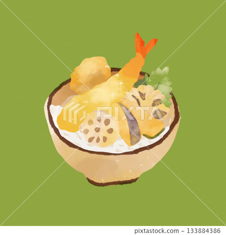 An illustration of a tendon bowl topped with shrimp and vegetable tempura. This is a material that can be used for Japanese cuisine menus. 133884386
