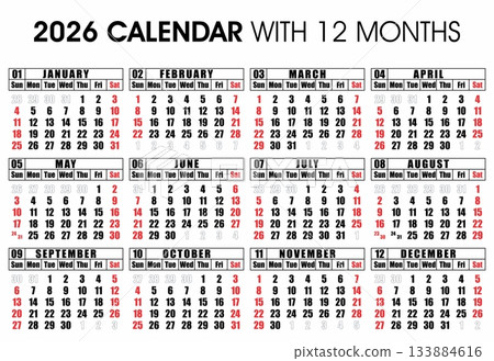 Simple calendar template illustration for the year 2026 Simple calendar template illustration for the year 2026 133884616