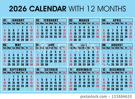 Simple calendar template illustration for the year 2026 133884620