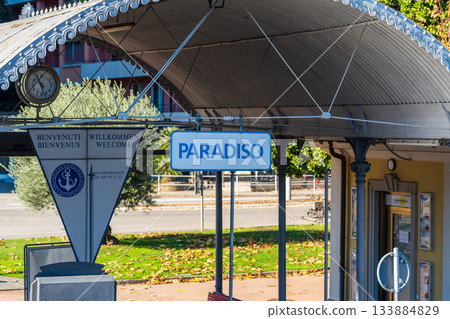 Paradiso boat dock and Swiss flag, Lugano, Ticino, Switzerland 133884829