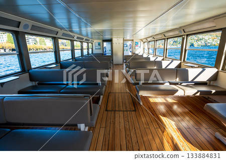 Interior and seat view of a ferry on Lake Lugano, Lugano, Ticino, Switzerland Interior and seat view of a ferry on Lake Lugano, Lugano, Ticino, Switzerland 133884831