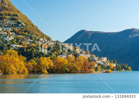 Villas on the Castagnola hill and autumn foliage. Lugano, Ticino, Switzerland 133884833