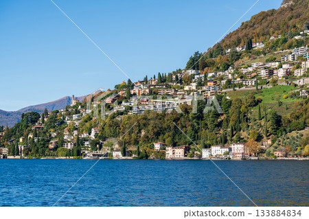 Autumn landscape of the Castagnola district and the shores of Lake Lugano. Lugano, Ticino, Switzerland 133884834