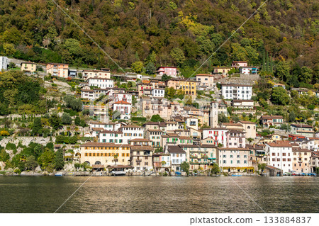 瑞士提契諾州盧加諾甘德里亞山坡上的彩色房屋 133884837