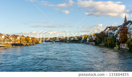 Wettstein Bridge over the Rhine and the city of Basel in autumn. Basel, Canton of Basel-Stadt, Switzerland Wettstein Bridge over the Rhine and the city of Basel in autumn. Basel, Canton of Basel-Stadt, Switzerland 133884855