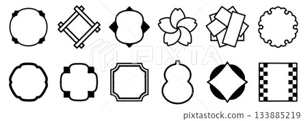 Hand-drawn Japanese-style frame icons. A set of frames for titles, etc. Modern Japanese design with cherry blossoms and snowflakes. 133885219