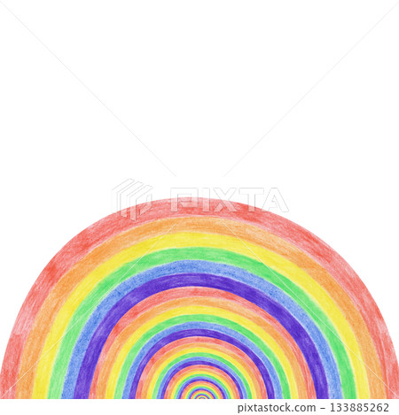 A square frame with a bright rainbow on an isolated background. Drawing with colored pencils. Multi-colored pencil template with an empty place to insert 133885262