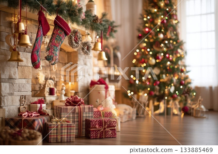 Festive morning delight, Christmas scene with gifts shine, Bright holiday room celebrating gift exchange, Sunshine fills cozy space decorated for joyful celebration 133885469