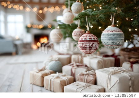 Cozy Christmas decorations with warmth, Seasonal ornaments and glowing mantel ambiance, Intimate holiday scene featuring earthtoned ornaments and wrapped presents Cozy Christmas decorations with warmth, Seasonal ornaments and glowing mantel ambiance, Intimate holiday scene featuring earthtoned ornaments and wrapped presents 133885597