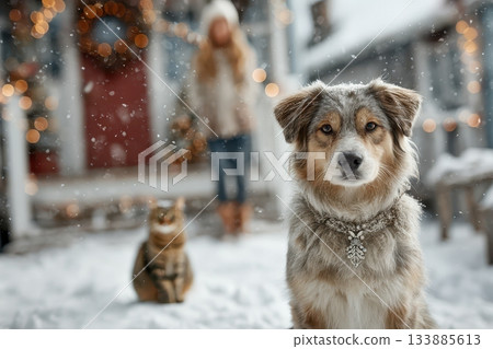Celebratory snow creature scene, Wintertime festive animals in cold village setting, Cheerful winter scene showcasing holiday decorated animals in chilly village environment Celebratory snow creature scene, Wintertime festive animals in cold village setting, Cheerful winter scene showcasing holiday decorated animals in chilly village environment 133885613