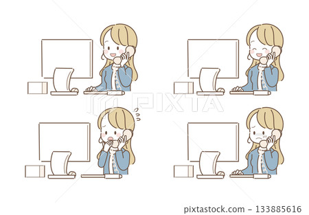 Female office worker answering the phone, computer, facial expression set Female office worker answering the phone, computer, facial expression set 133885616